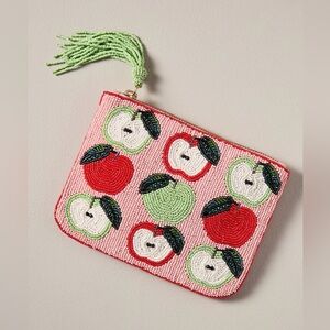 NWT Anthropologie Fiona Beaded Apple Pouch Fruit Tassel Zip Coin Purse Bag Pink